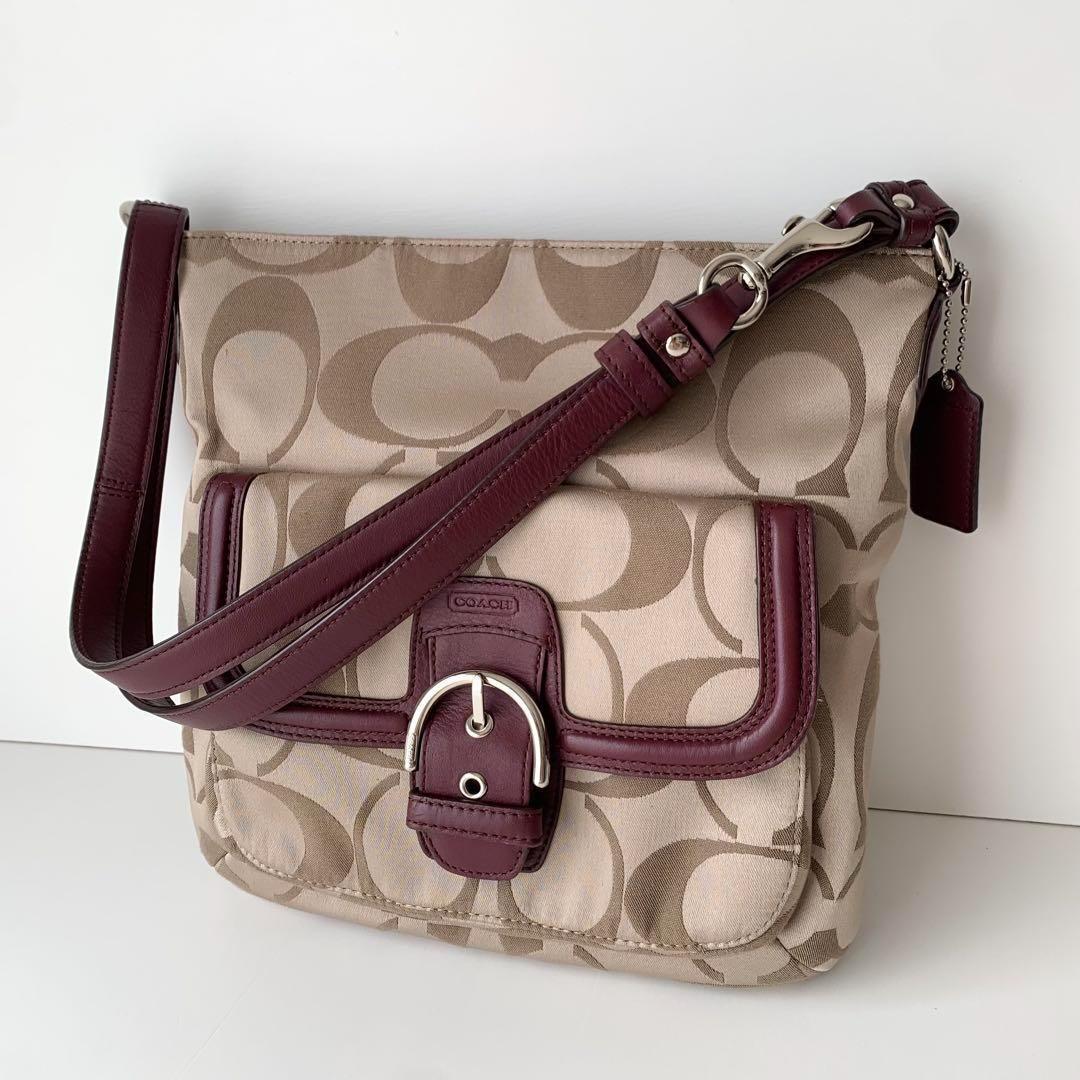 低価格 COACH コーチ ショルダーバッグ ベージュ シグネチャー ボルドー バッグ
