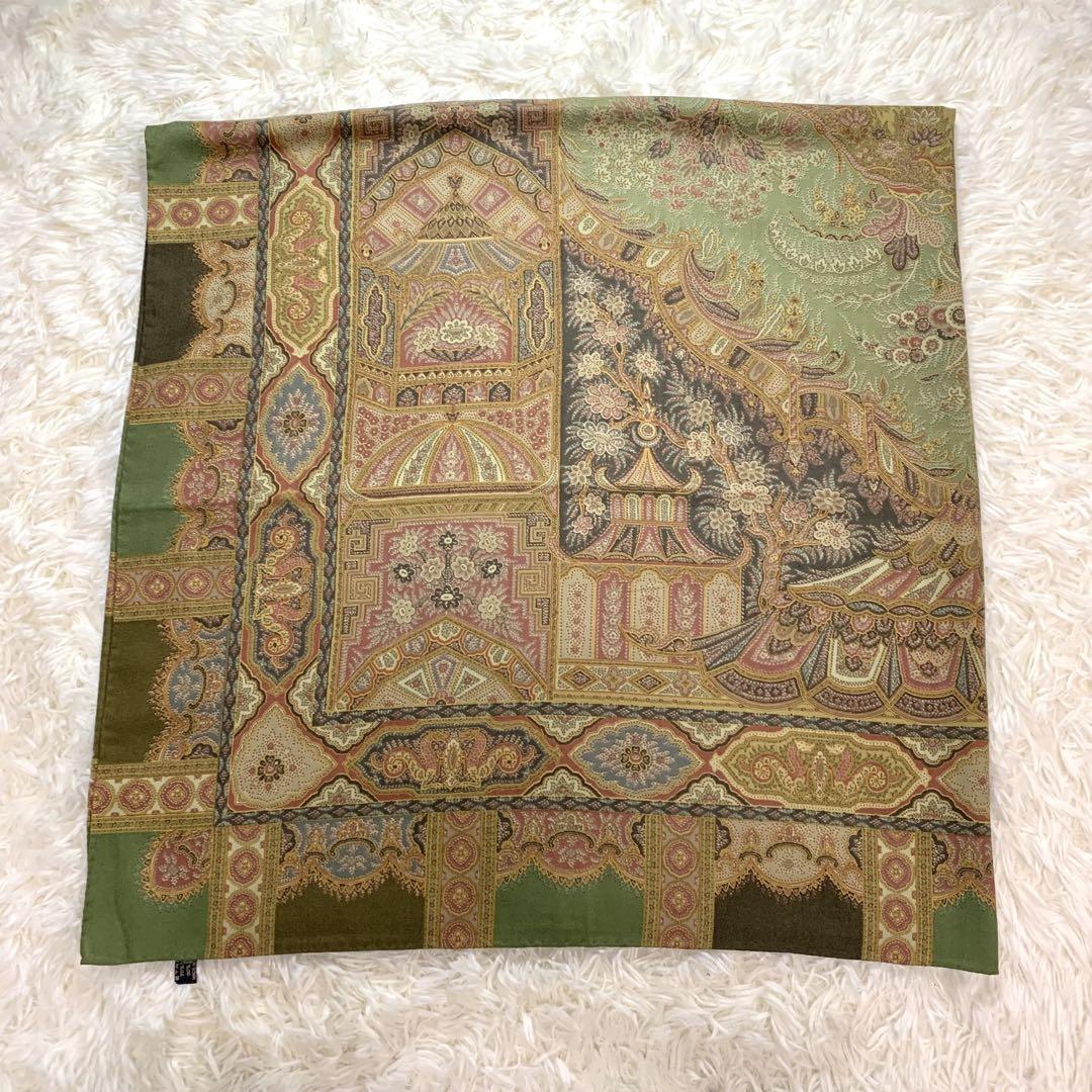 【極美品】 エトロ 大判 ストール ウール シルク混 正方形 130×130