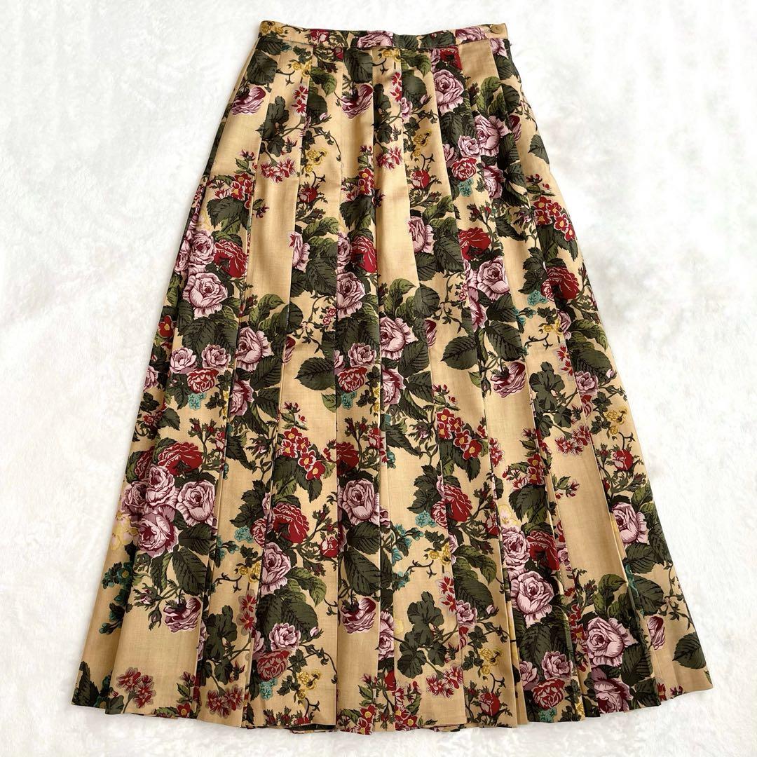 美品【インゲボルグ】プリーツスカート ロング 花柄 シルク ウール ベージュ S