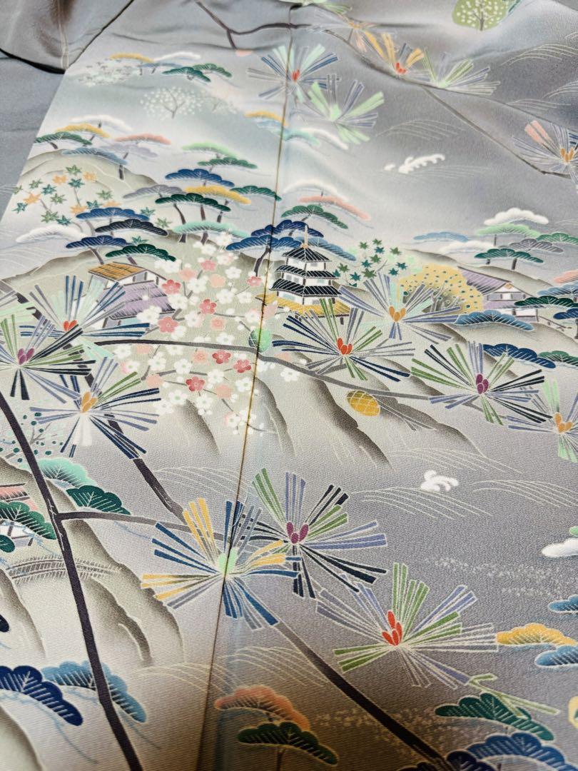 【極美品】京友禅作家「本城恒正氏作」「江戸解文様」グレー色 手描き糸目京友禅