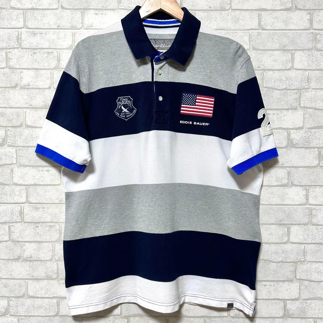 紺×赤 EDDIE BAUER エディーバウアー ボーダー ポロシャツ ワッペン