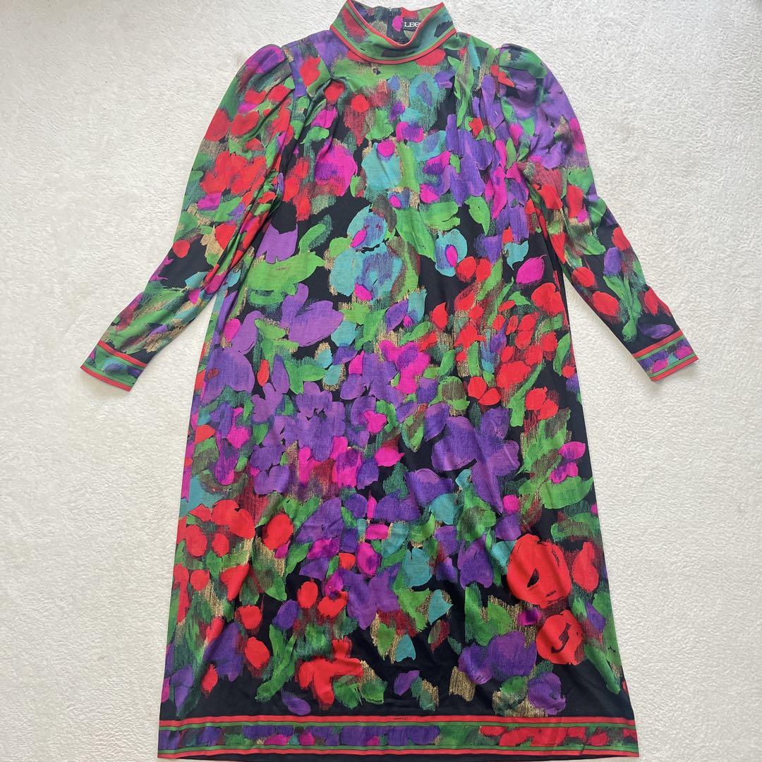 LEONARD レオナール 花柄 水彩絵風 長袖 シルク ワンピース M
