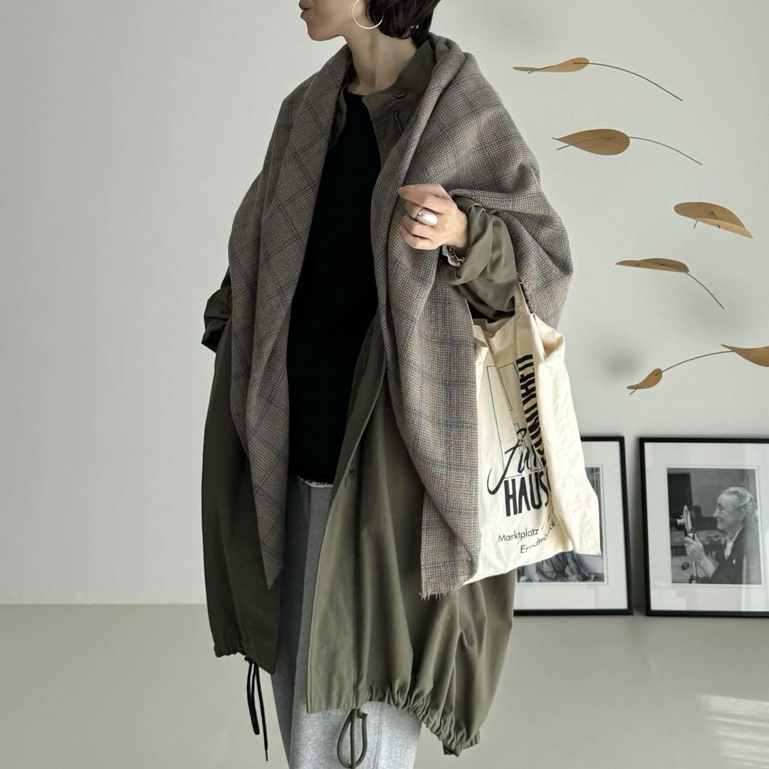 小物 SQUARE WOOL GAUZE STOLE/GRAGE-CHECK