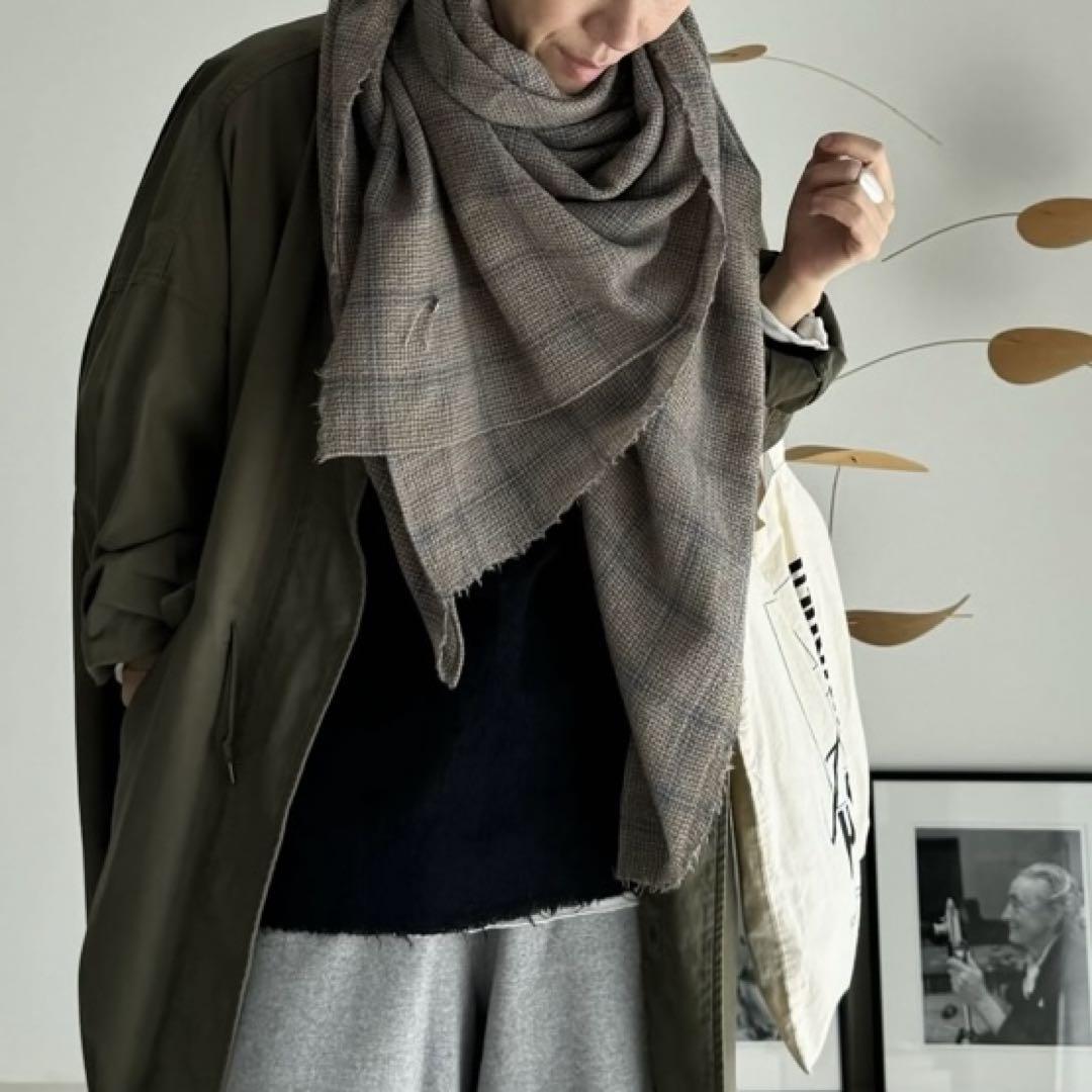 小物 SQUARE WOOL GAUZE STOLE/GRAGE-CHECK
