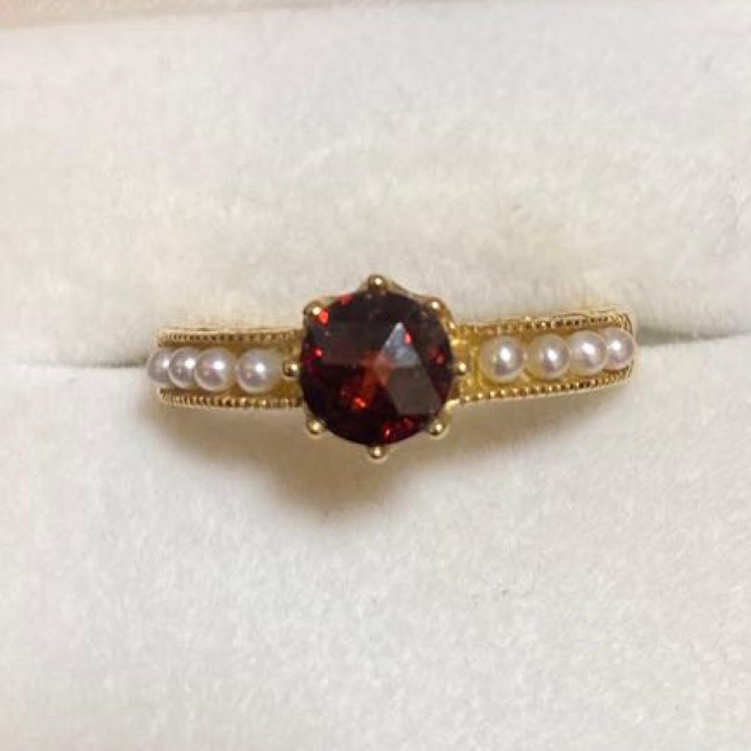 碌山　K10YG ローズカット　ガーネット シードパール　リング　約13号