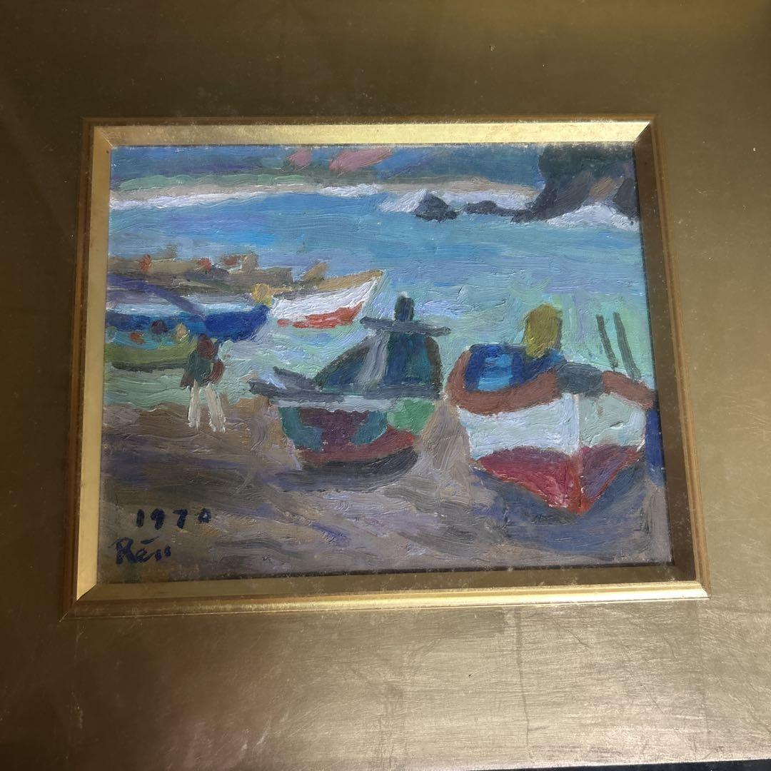 真作 油彩画 海とボート