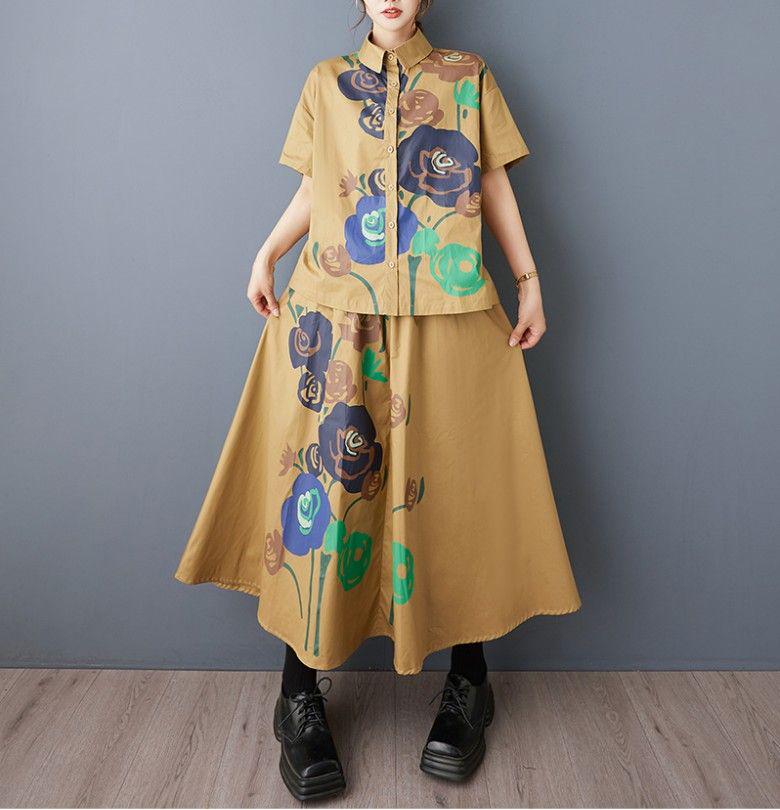 オシャレ セットアップ上下 プリント ブラウス ロングスカート カジュアル