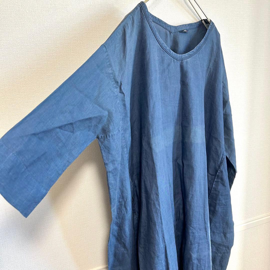 45R ワンピース　インディゴ　リネン　半袖　7部袖　ロング丈　洗える