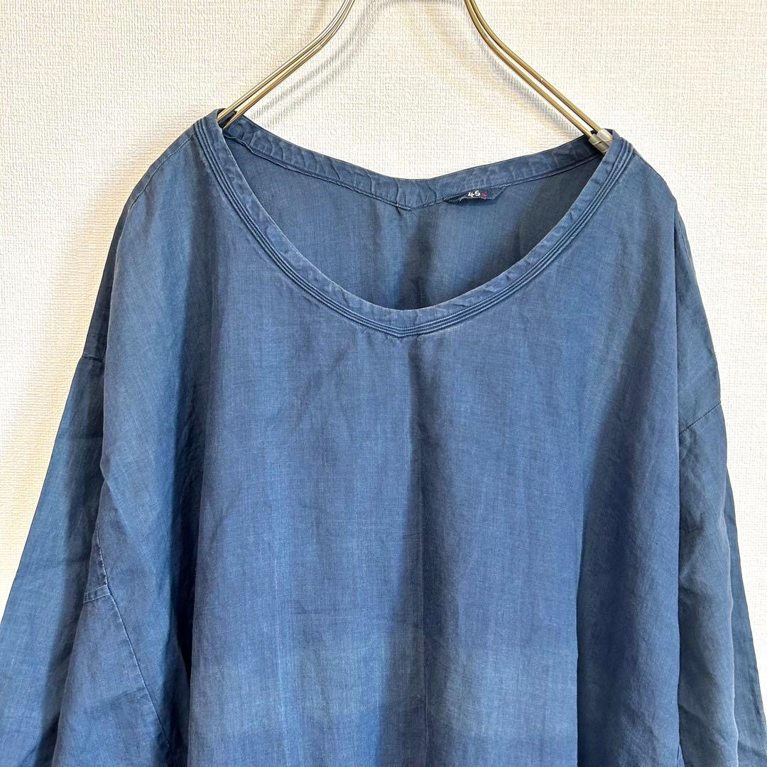 45R ワンピース　インディゴ　リネン　半袖　7部袖　ロング丈　洗える