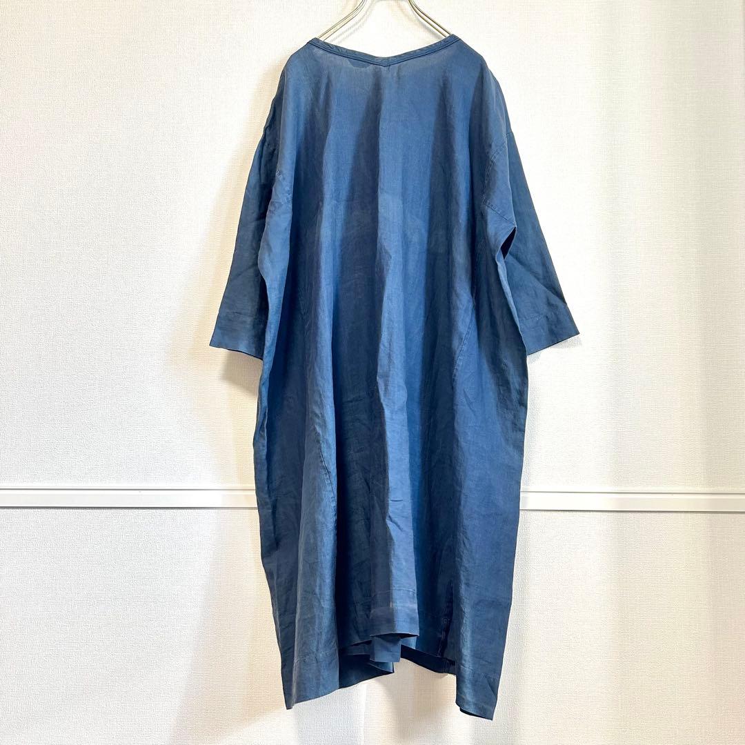 45R ワンピース　インディゴ　リネン　半袖　7部袖　ロング丈　洗える