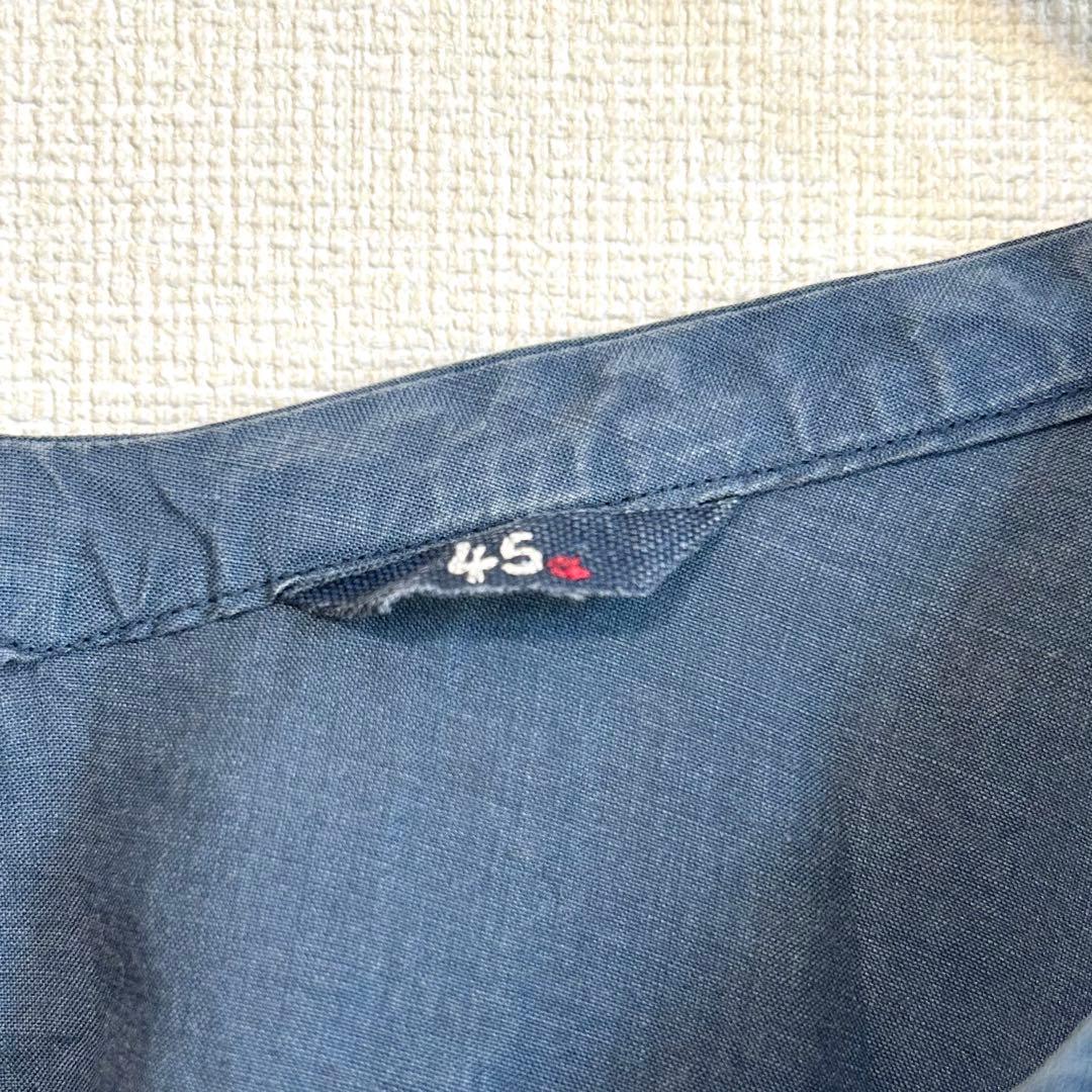 45R ワンピース　インディゴ　リネン　半袖　7部袖　ロング丈　洗える