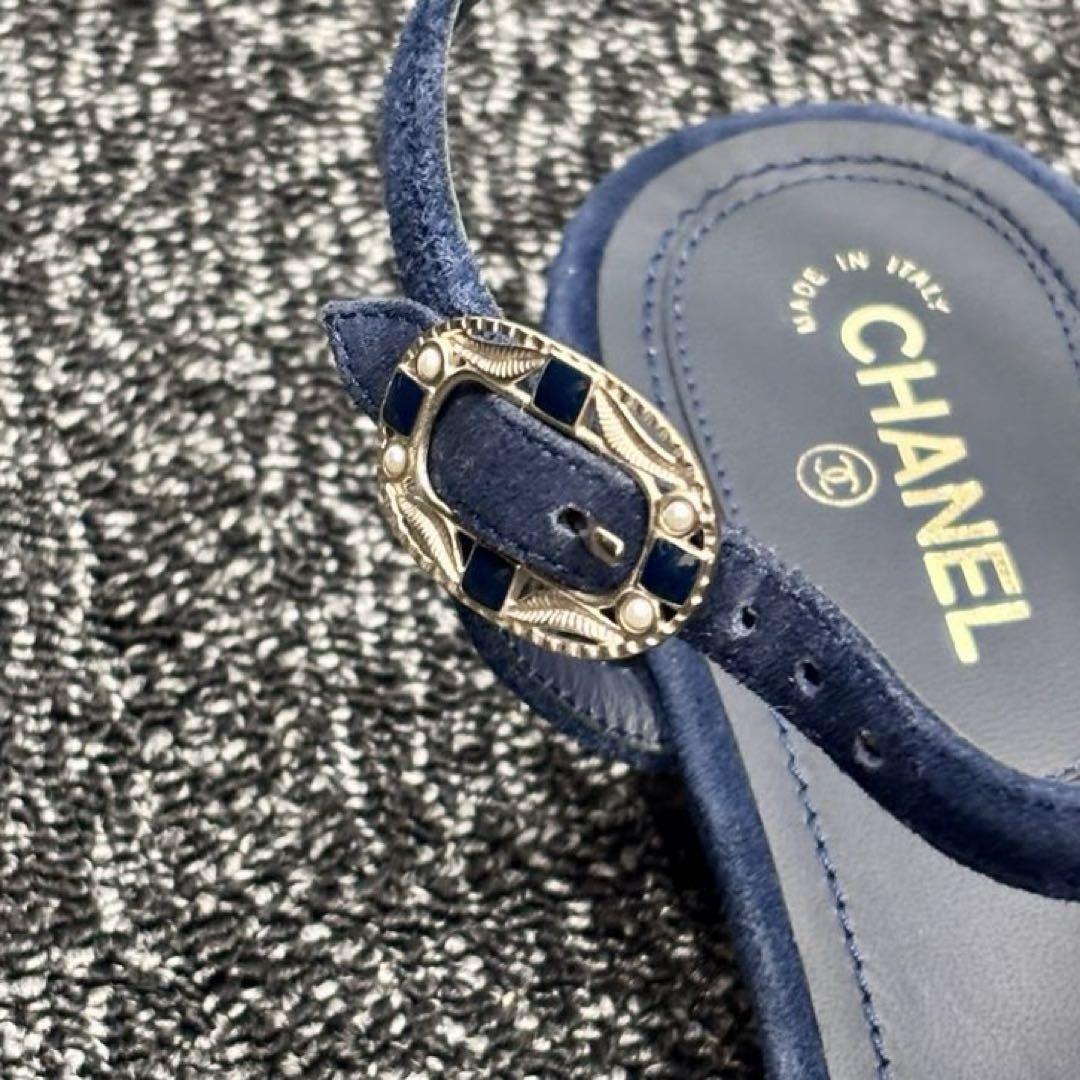 CHANEL シャネル ネイビー トングサンダル チェーン装飾 EU36