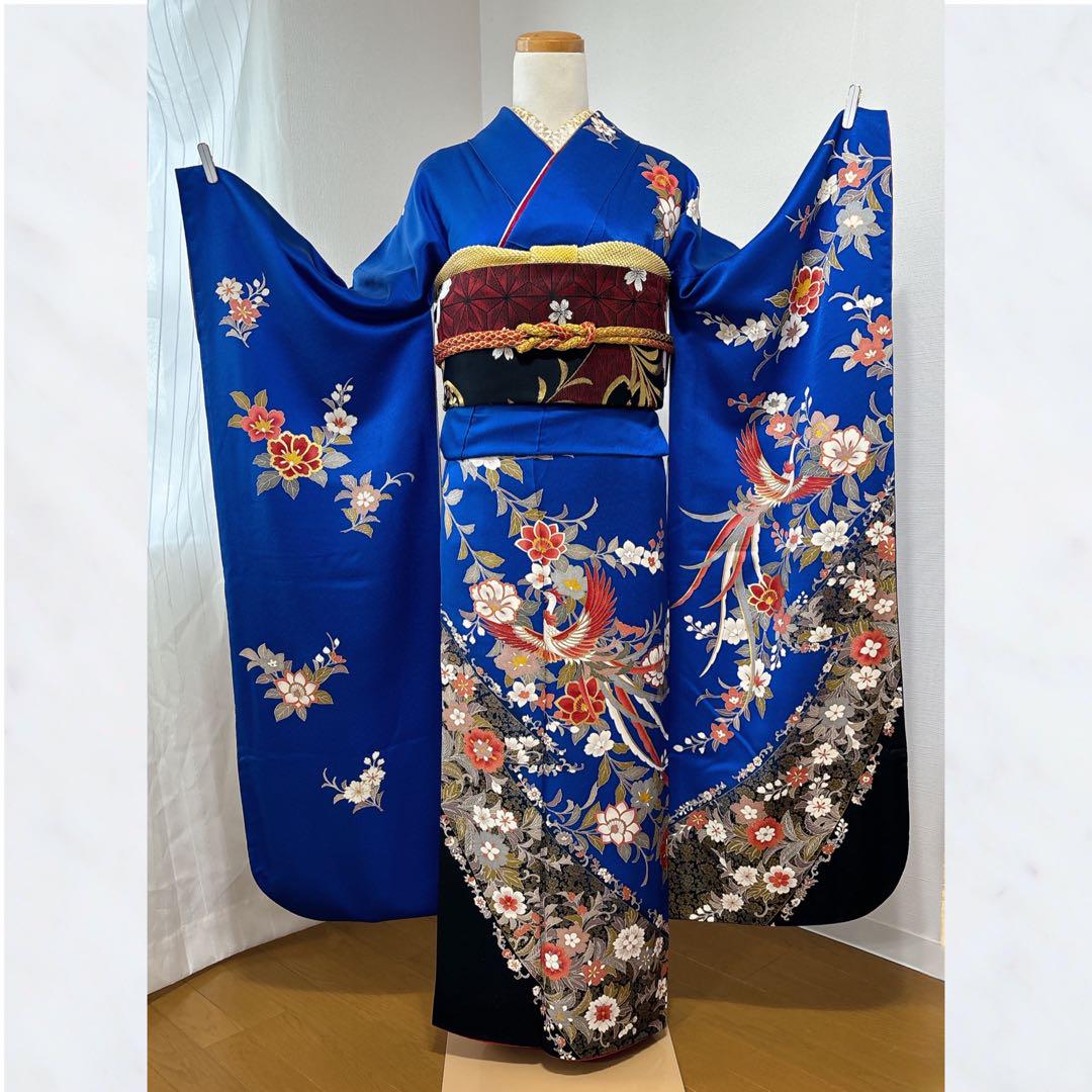 超美品 現代振袖 成人式 着物 161.5㎝ 黒 鶴の地紋 かっこいい1