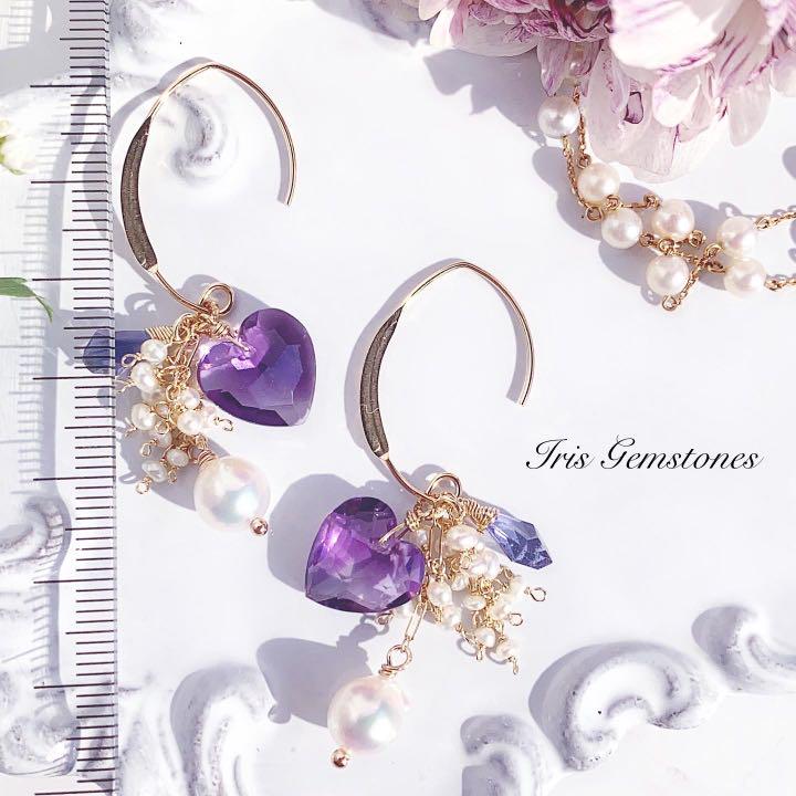 なアイオラ 新作 14kgf ♦︎ ✵春色✵ ♦︎ アメジスト&アイオライト&あこや ピアス SHvhj-m51034033871 にもおすす