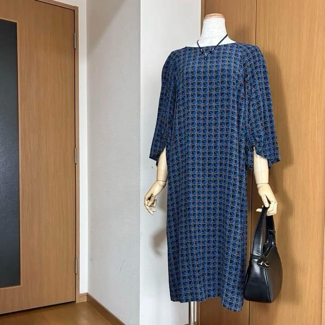 ★近年発売品★ヨシエイナバ　シルク100% 日本製　格子柄　とろみワンピース