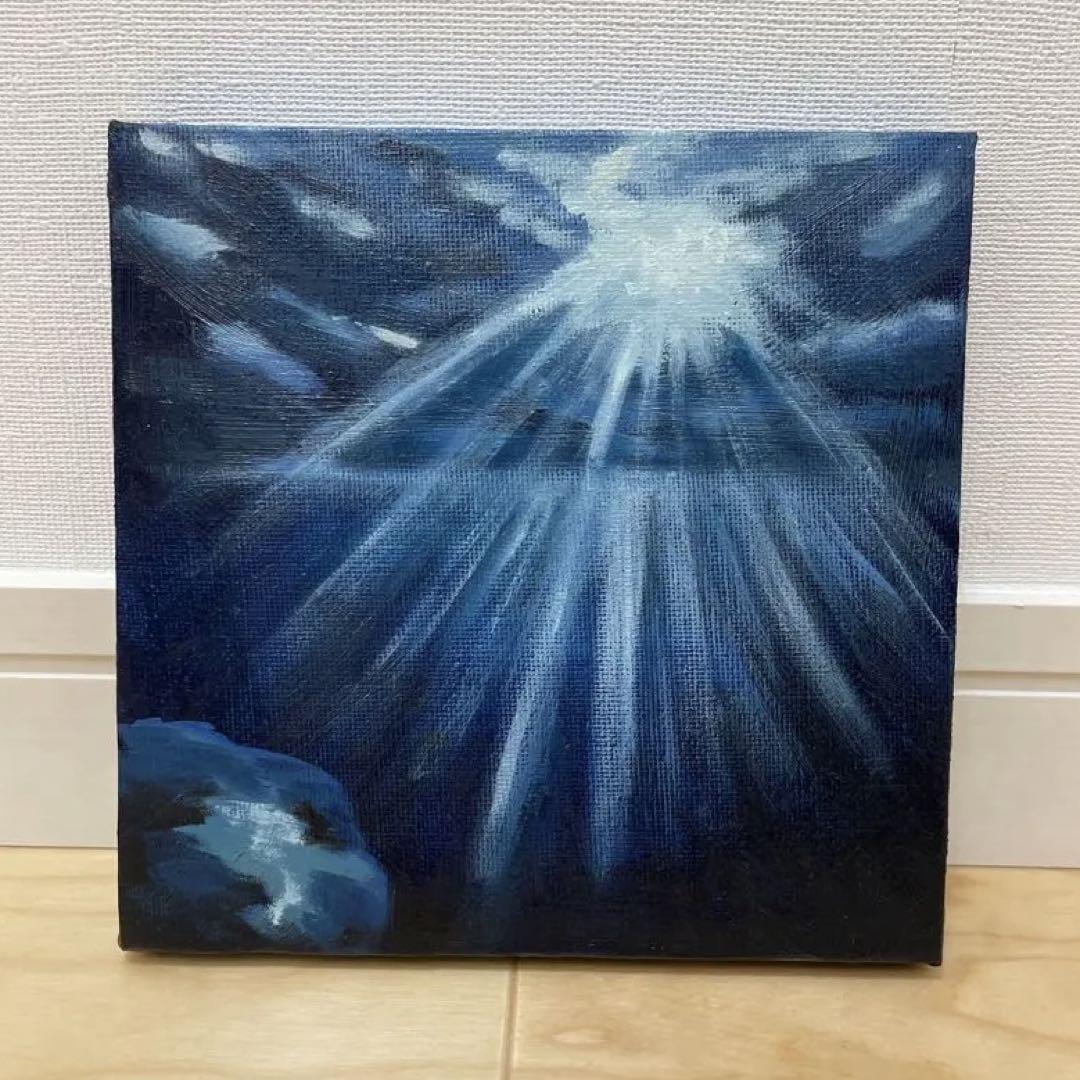 【良好品】 海中 海 油絵 青系 キャンバス 小型 光と水の表現 風景画 油彩 絵画