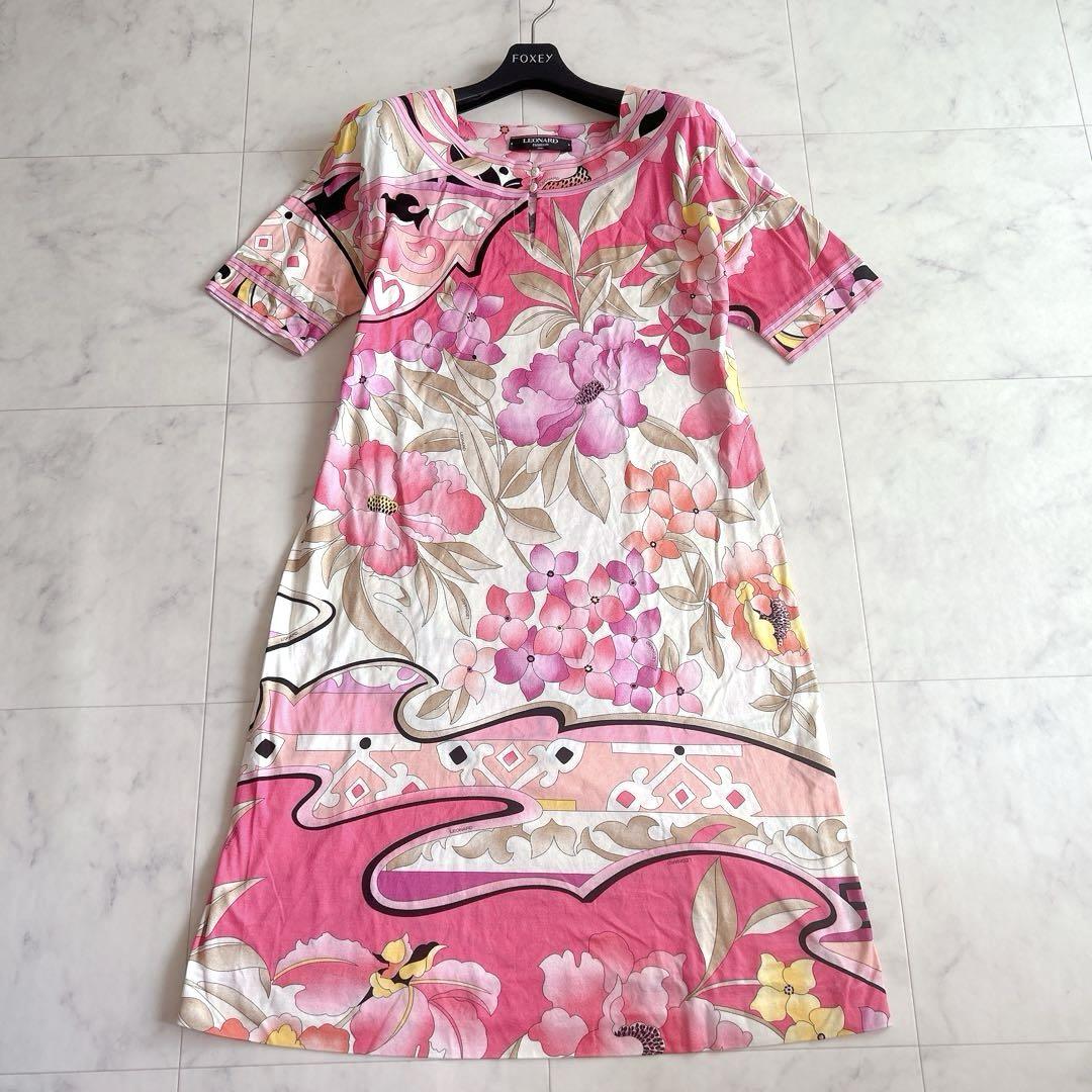 【美品】レオナール　LEONARD　ワンピース　　花柄　トリム　スパンコール 美品♡ LEONARD ワンピース花柄トリム 切替大きいサイズLL