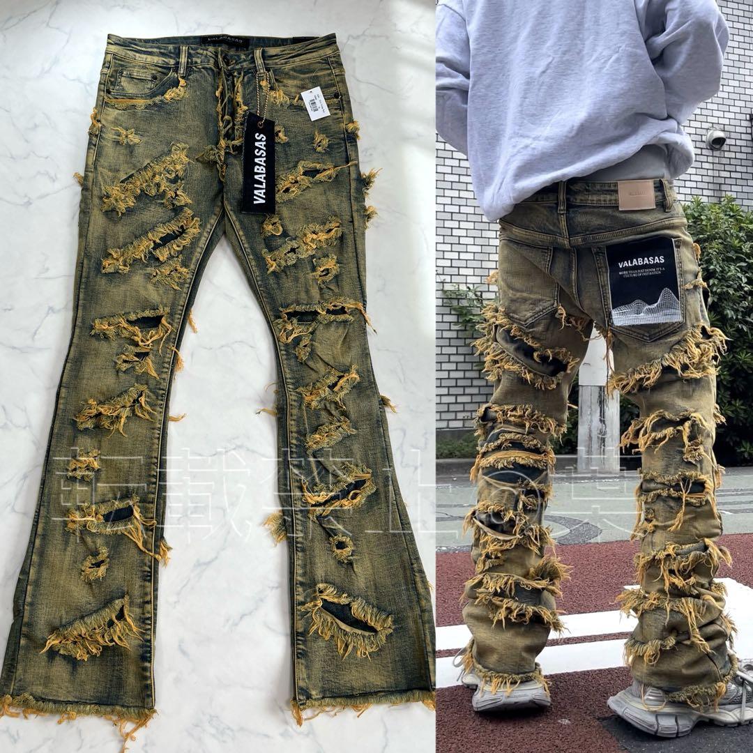 VALABASAS バラバサス スタックフレアカーゴフリンジデニム 新品 S VALABASAS バラバサス カーゴスタックフレアデニム ブラック