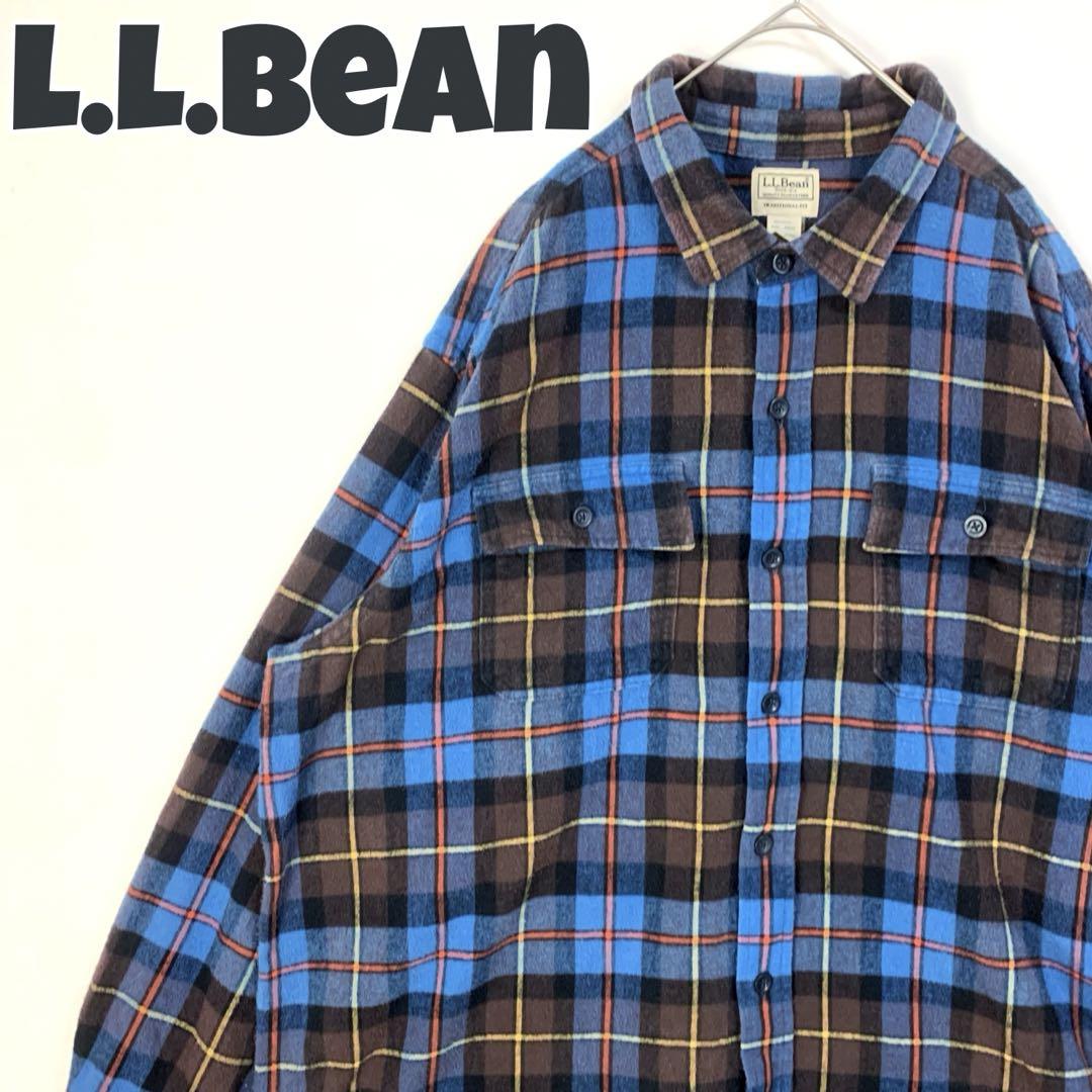 930 エルエルビーン　チェック　長袖　ネルシャツ　ゆるだぼ　青　茶　2XL