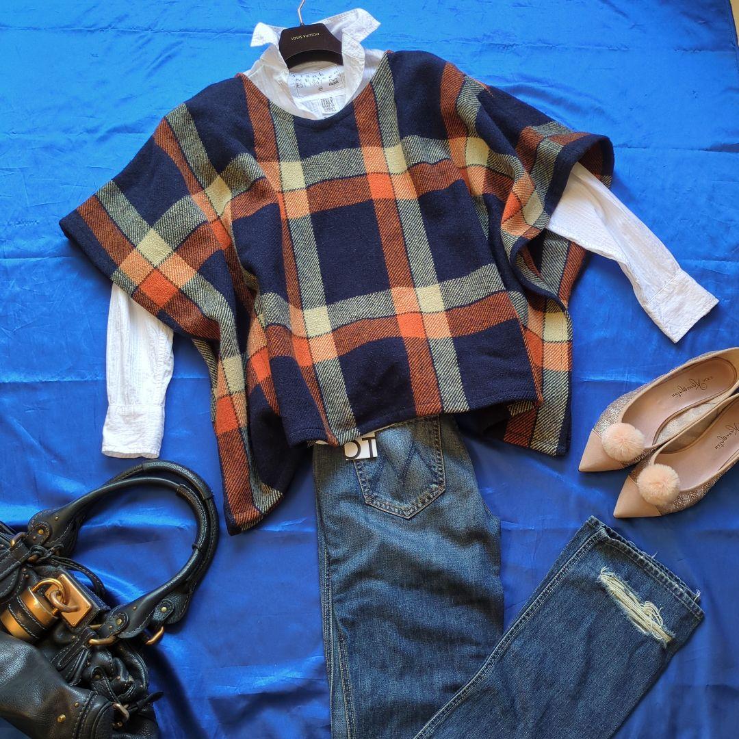 こなれコーデ♪アーペーセーAPC　ポンチョ　ケープコート　ブロックチェック