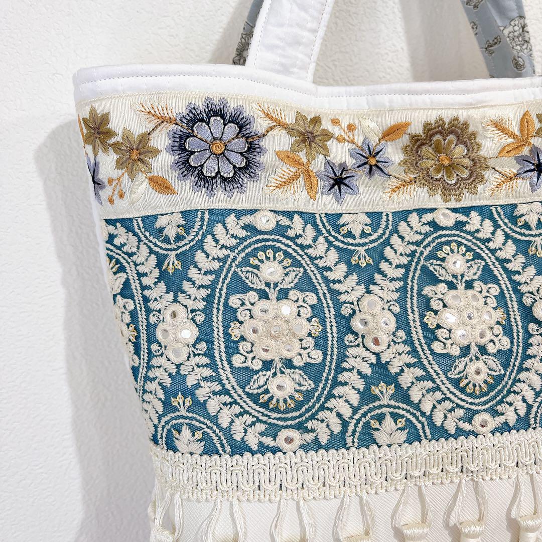 インド刺繍リボン トートバッグ♡ ヌビキルト&合皮ホワイト