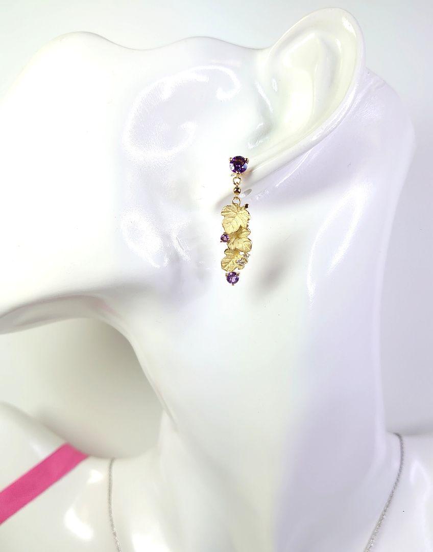 K18アメシスト•ダイヤ入ピアス(葡萄の葉モチーフ)