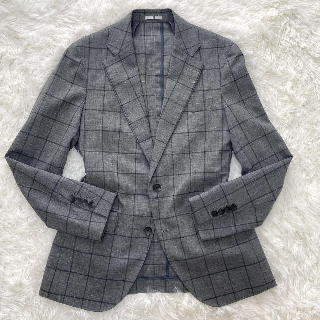 【美品】極上リネン麻 スーツセレクト ペンチェック柄 セットアップスーツ