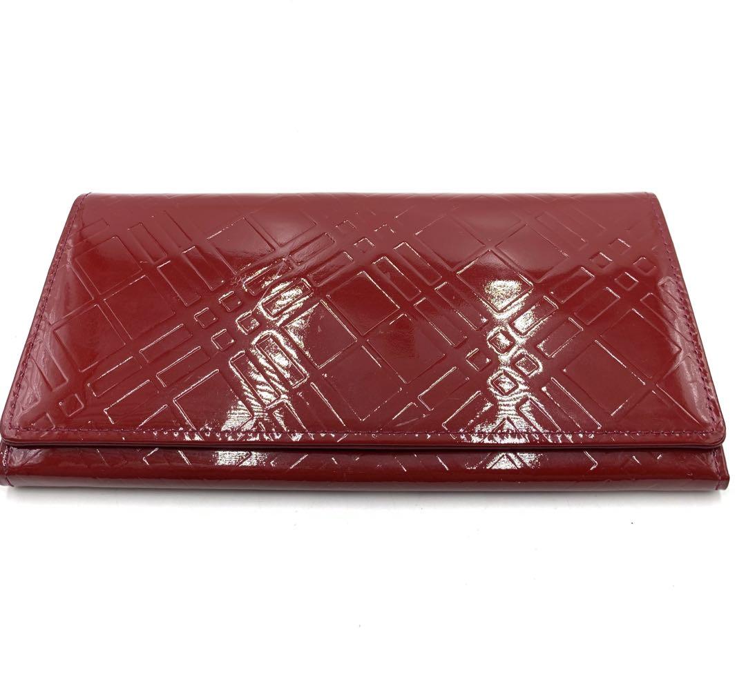 良品】BURBERRY バーバリー 長財布 チェック柄 エナメル レッド
