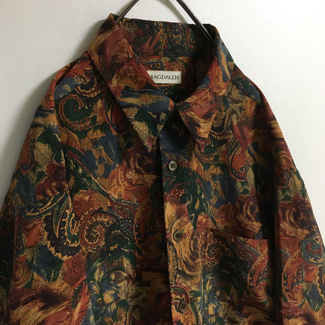 80s〜90s 古着 ペイズリー柄 ポリ デザインシャツ 長袖 L〜XL相当