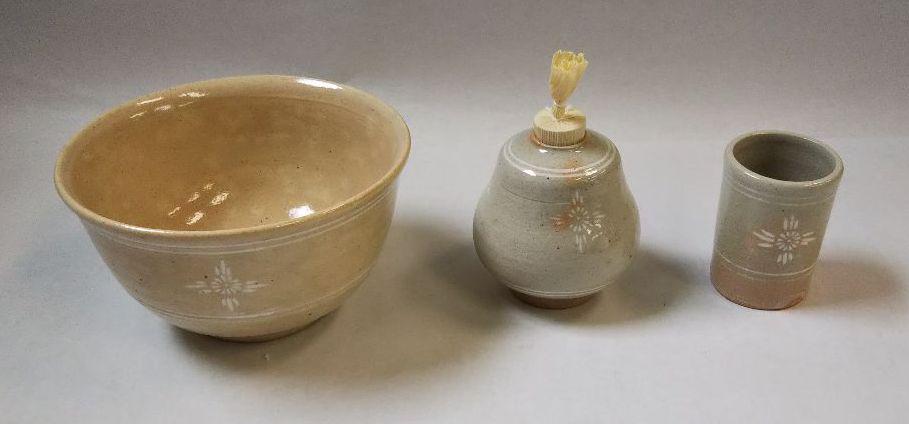 人気ブランド 茶道具 茶箱用 茶碗 茶巾筒 振出 セット 狂言袴 黒石窯 新品未使用 工芸品