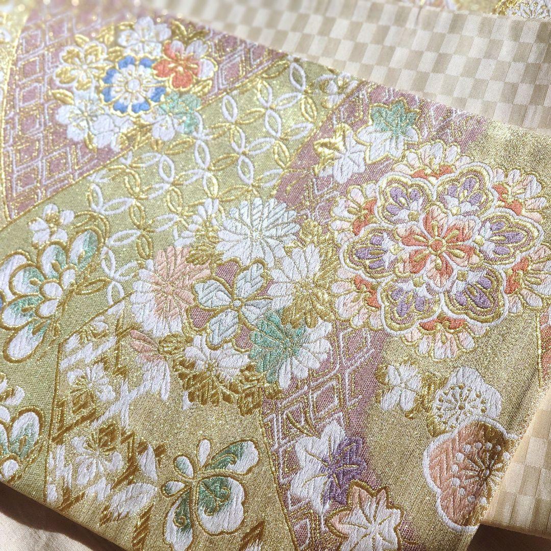 振袖用袋帯 金 ピンク 白 赤 青 緑 紫 七宝 花 六通柄