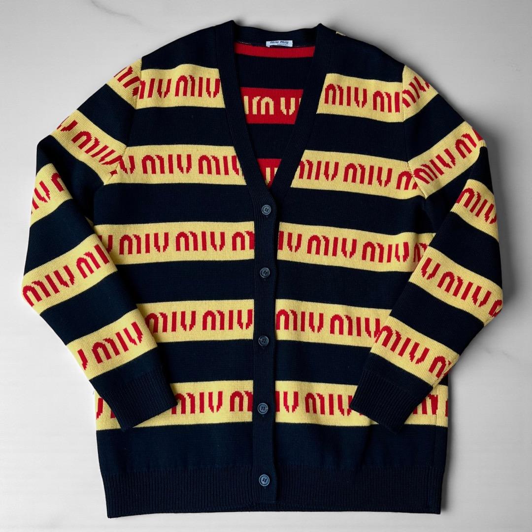 ミュウミュウ MIU MIU カーディガン ボーダー ロゴ ニットS MIU MIU