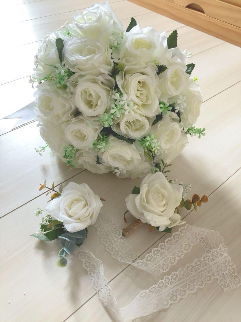 結婚式　ブーケ　ブートニア　白バラ　造花 結婚式 ブーケ ブートニア 白バラ 造花（結婚式 ブーケ