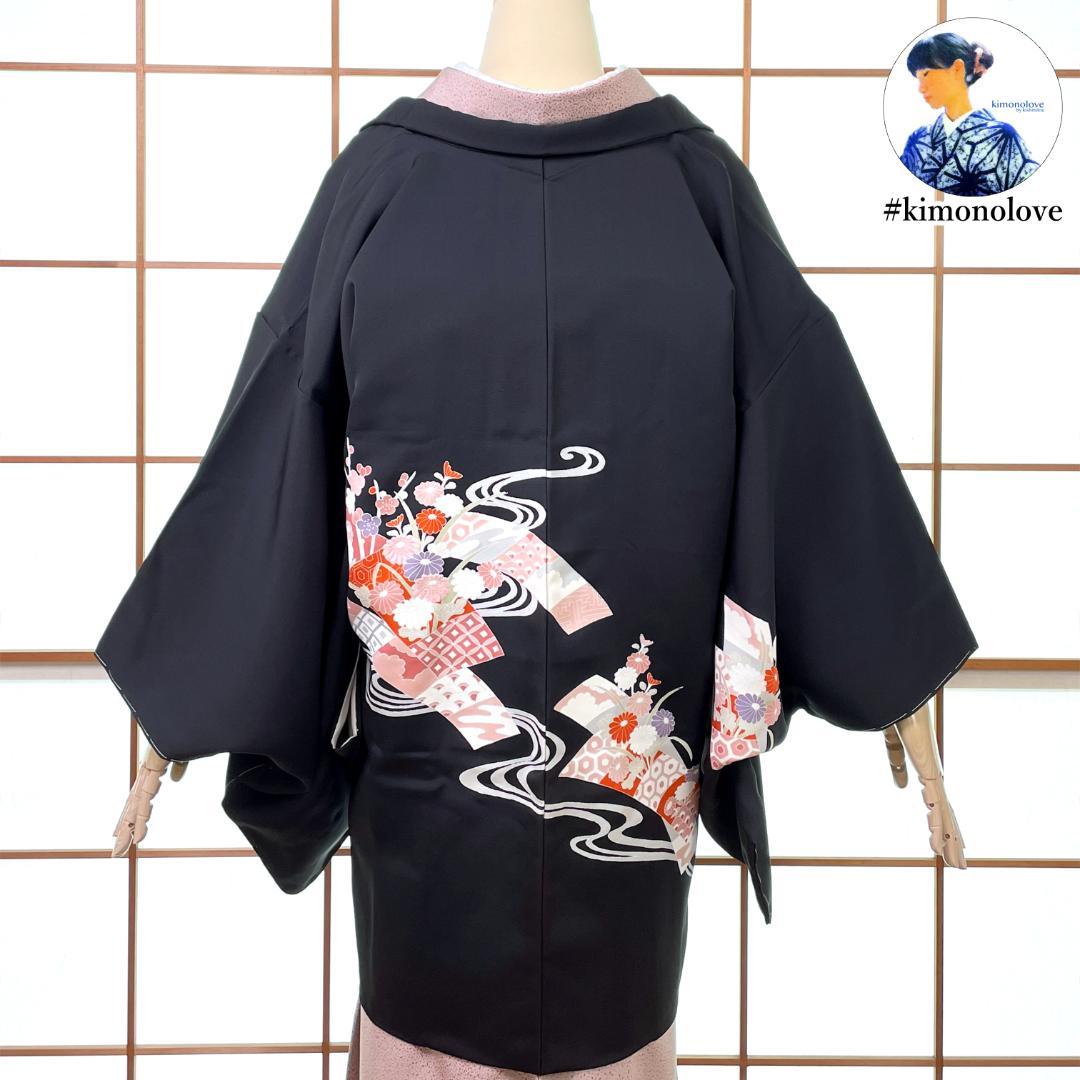 羽織 絵羽織 正絹 刺繍 短冊 草花柄 ブラック 着物 未使用品 A-2238