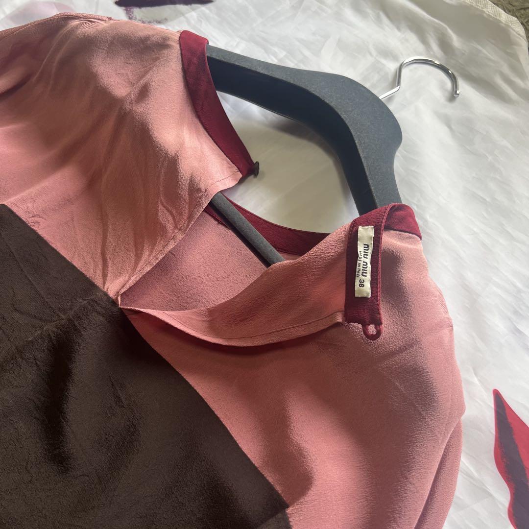 【良品】MIU MIU バイカラーワンピース 半袖 38 ピンク ブラウン 茶色
