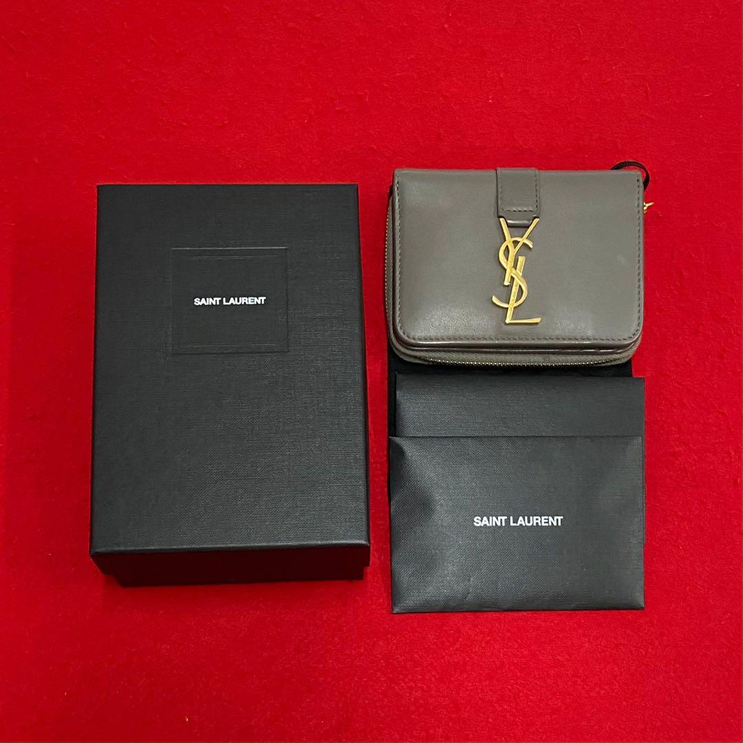 極 美品 サンローランパリ YSL ロゴ レザー ラウンドジップ 二つ折り 財布-