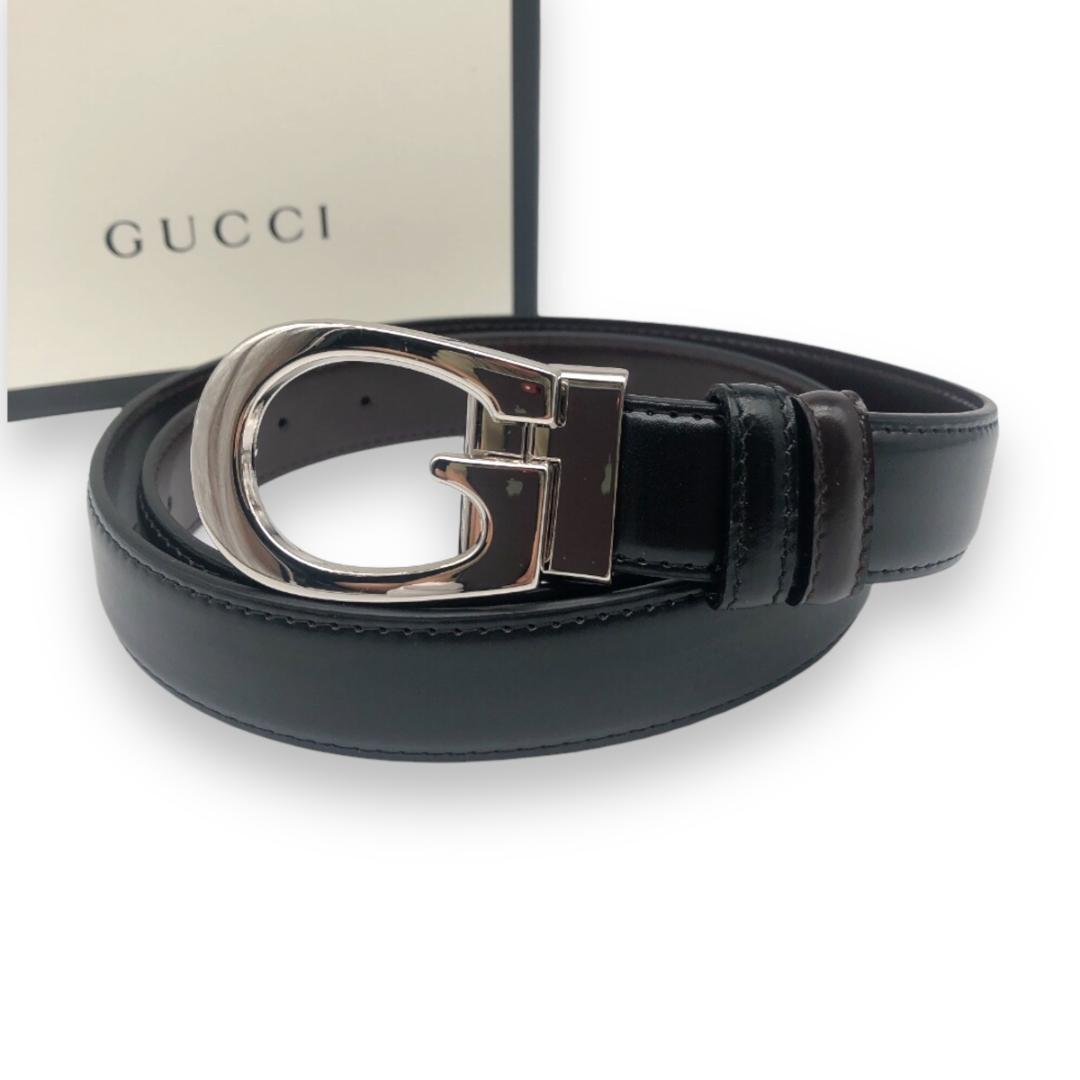 【美品】グッチ Gバックル リバーシブル ベルト シルバー ブラック ブラウン 美品】グッチ Gバックル リバーシブル ベルト シルバー ブラック