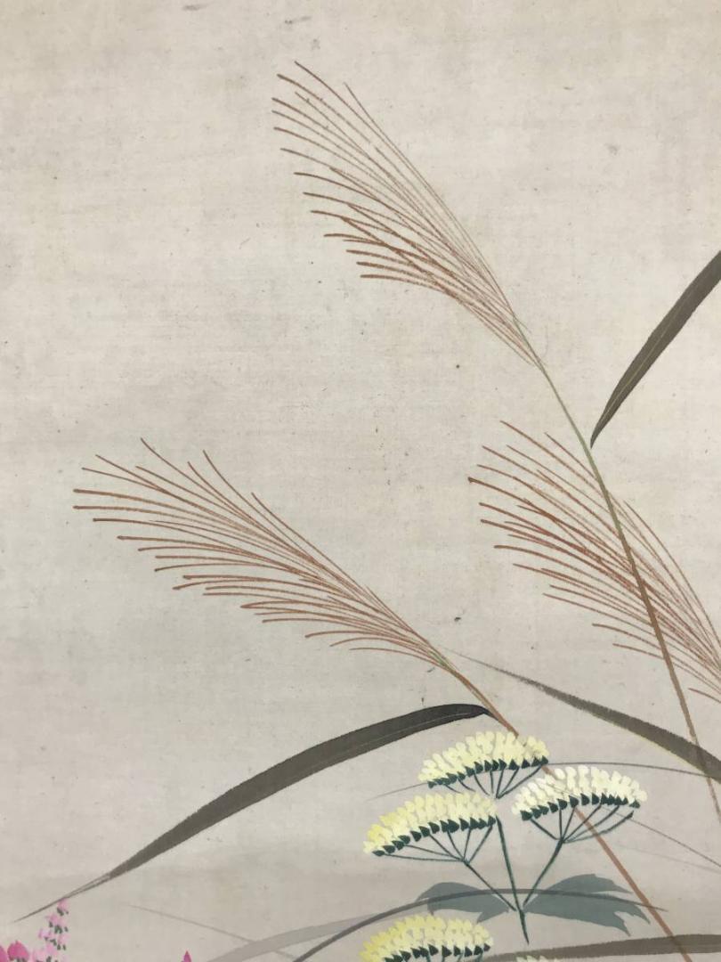 【真作】湖楊/秋草鶉図/ウズラ図/花鳥図/掛軸/名家伝来/AB-958
