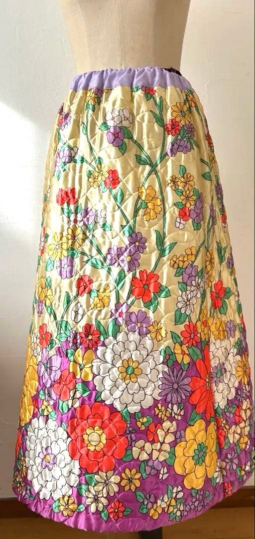 ヴィンテージ70s 80s花柄キルティングフ スカート ペチコート付きL Lochie