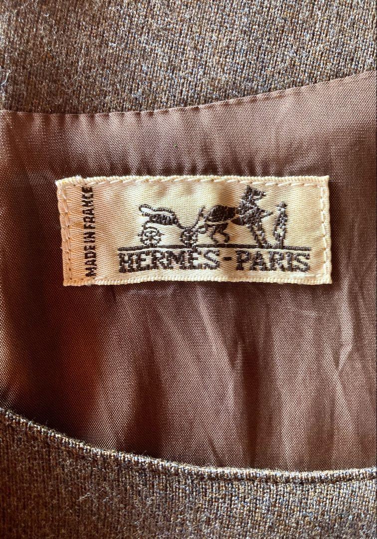 HERMES ブラウン 長袖 ひざ丈ワンピース ポイントレザー 希少品