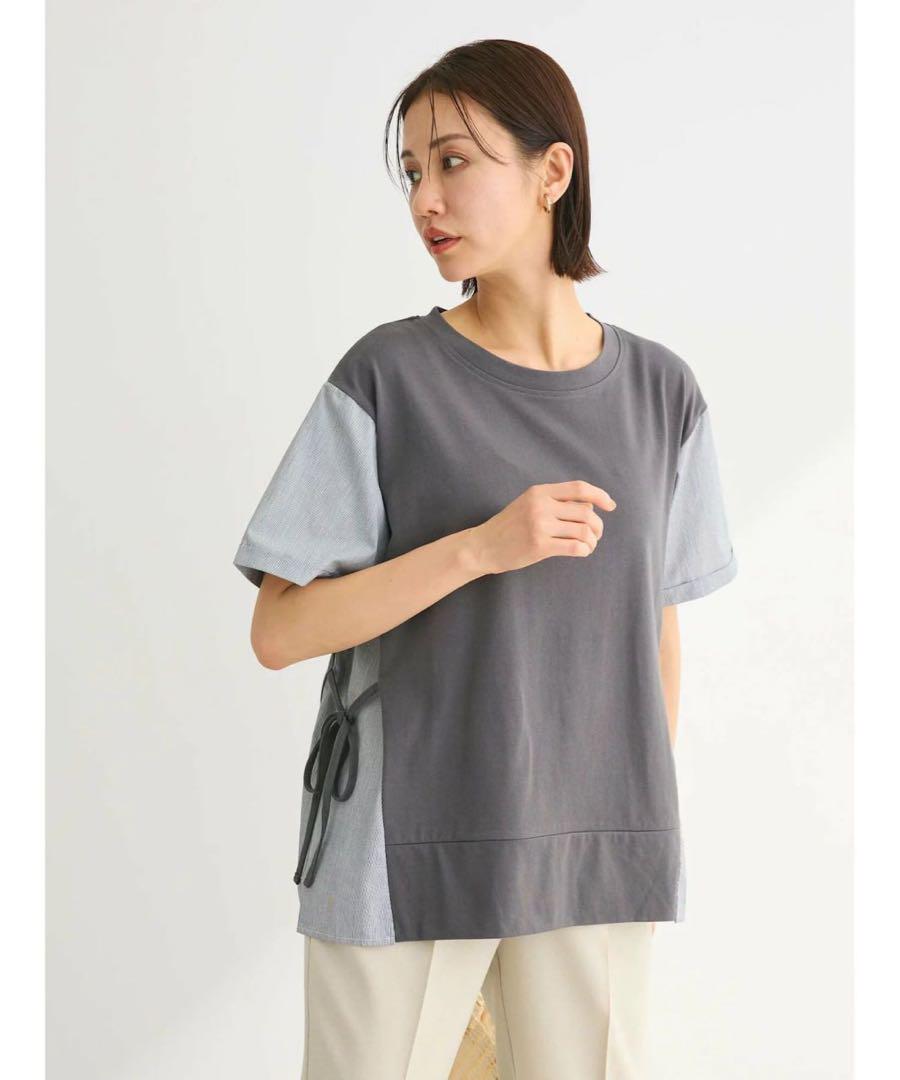 グレー サイドリボン 半袖Tシャツ