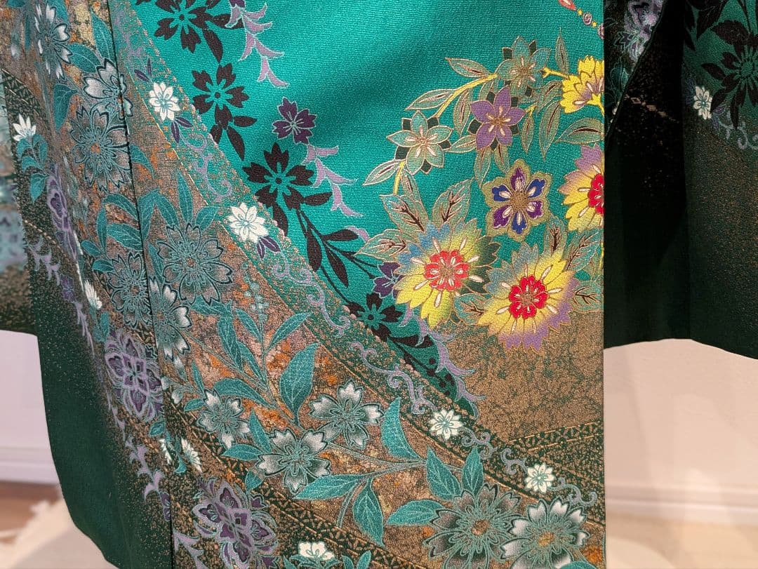 振袖フルセット 身丈164裄70 豪華振袖 金銀彩 緑 黒 更紗 逸品 成人式