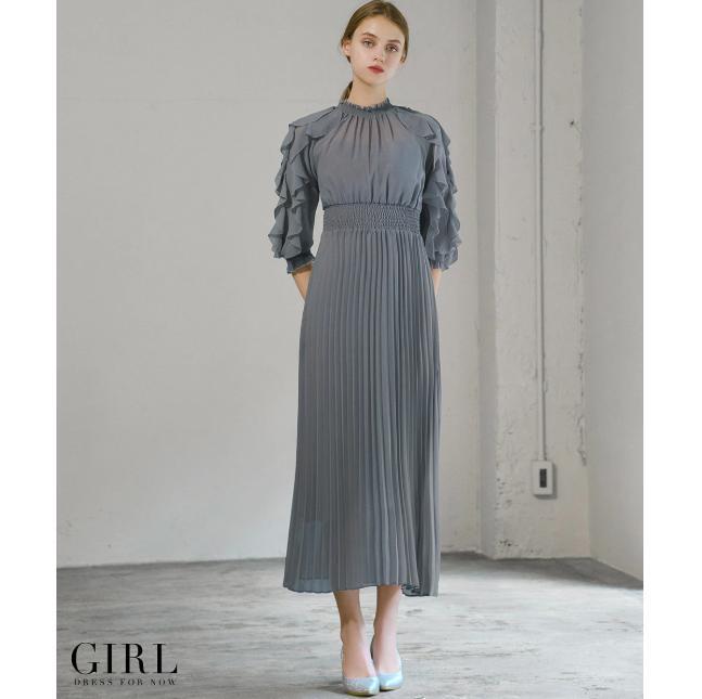 GIRL ガール M 袖フリルシアープリーツワンピース パーティードレス 結婚式 GIRL ガール M 袖フリルシアープリーツワンピース パーティー