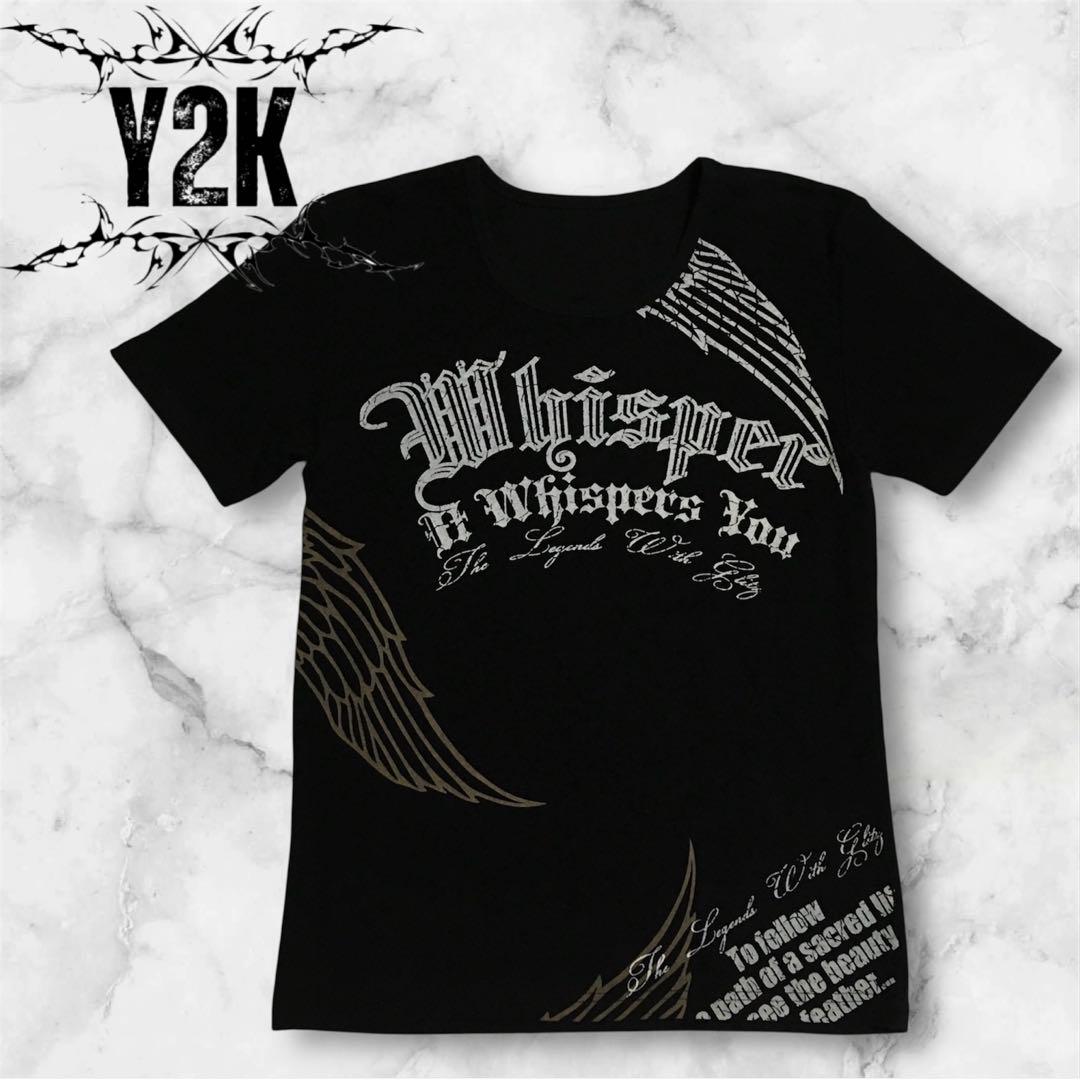 y2k 古着 羽 英字 プリント Tシャツ 黒 グランジ ギャル男 お兄系