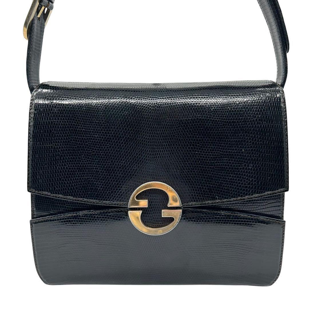 良品 522 グッチ ワンショルダー リザード型押し ネイビー ゴールド金具