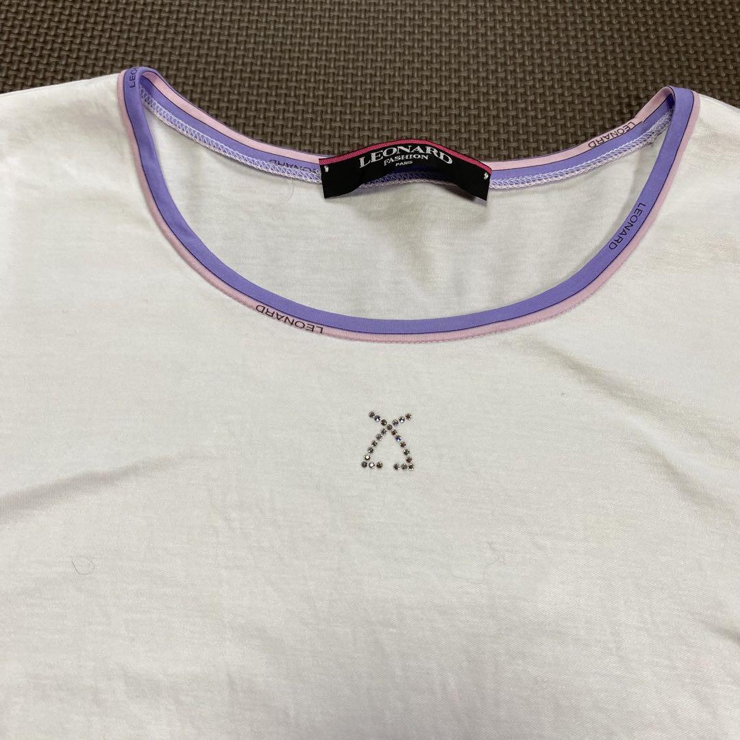 美品☆レオナール LEONARD 半袖 Tシャツ ラインストーンロゴ