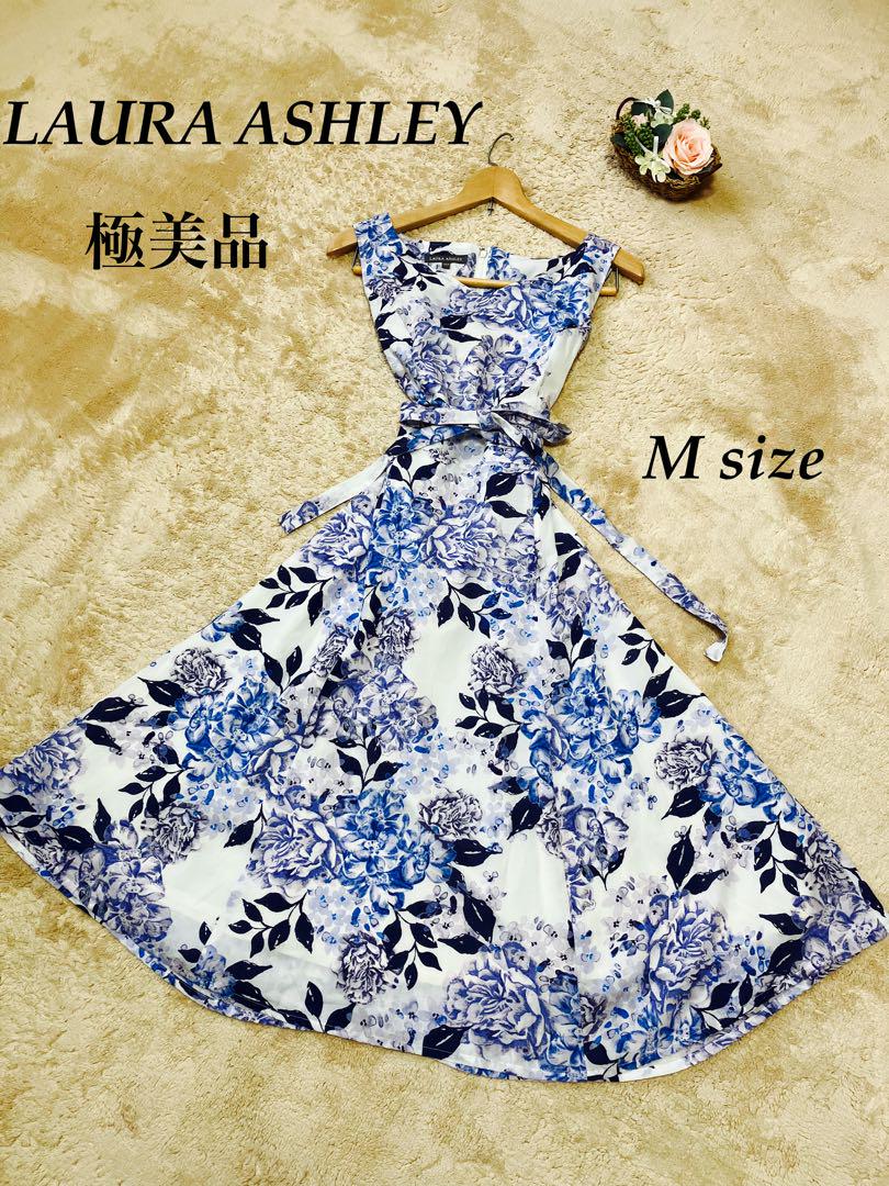美品　ローラアシュレイ 総柄　ノースリーブ　ワンピース　ブルー　花柄　M 薔薇