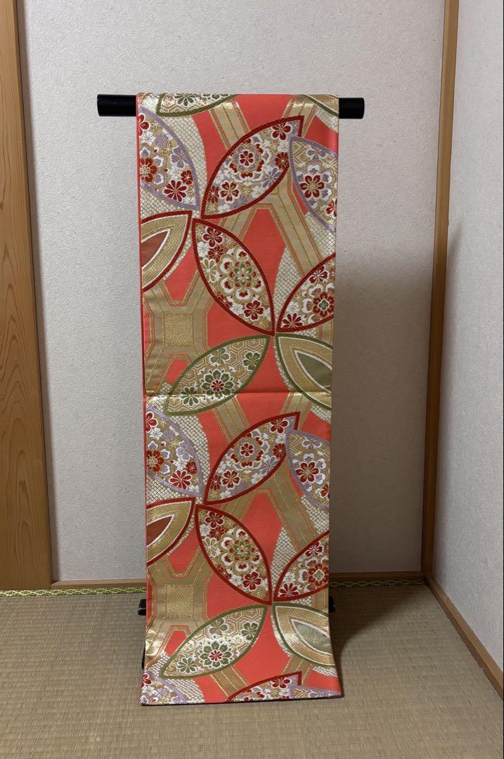 【中古】袋帯 レンタアップ 正絹振袖用六通袋帯 西陣織 明るい朱色