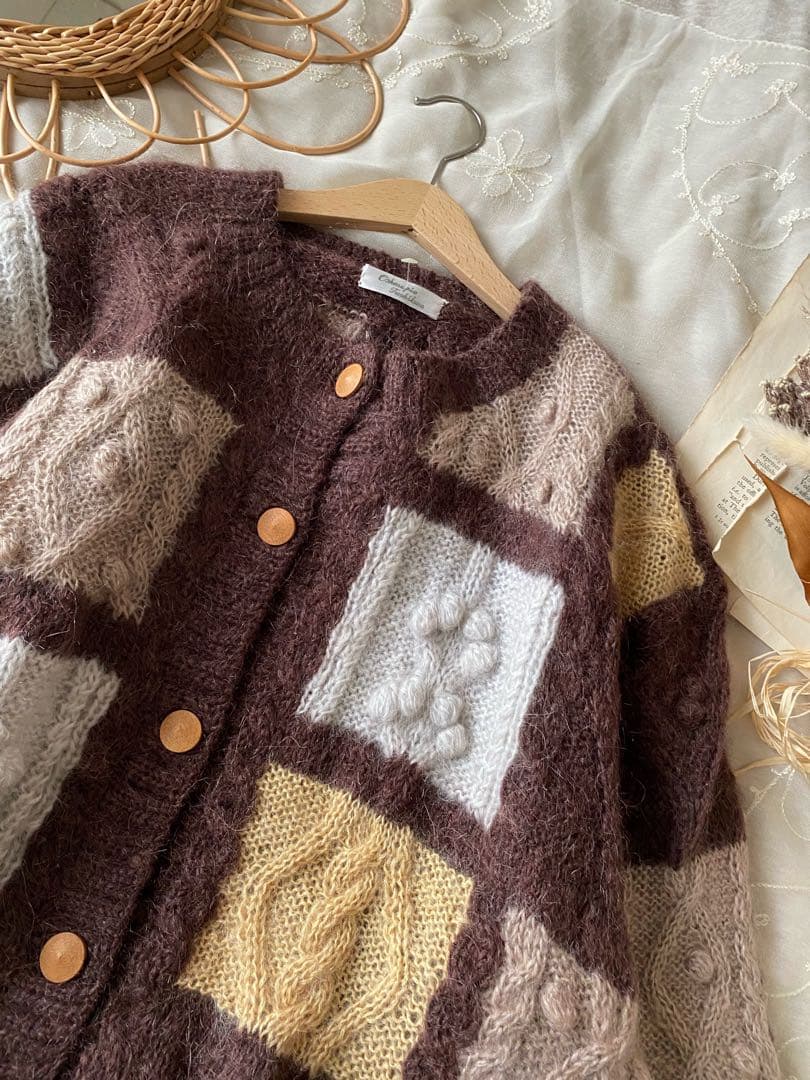 vintageヴィンテージ昭和レトロ古着ケーブル編みぽんぽんニットカーディガン