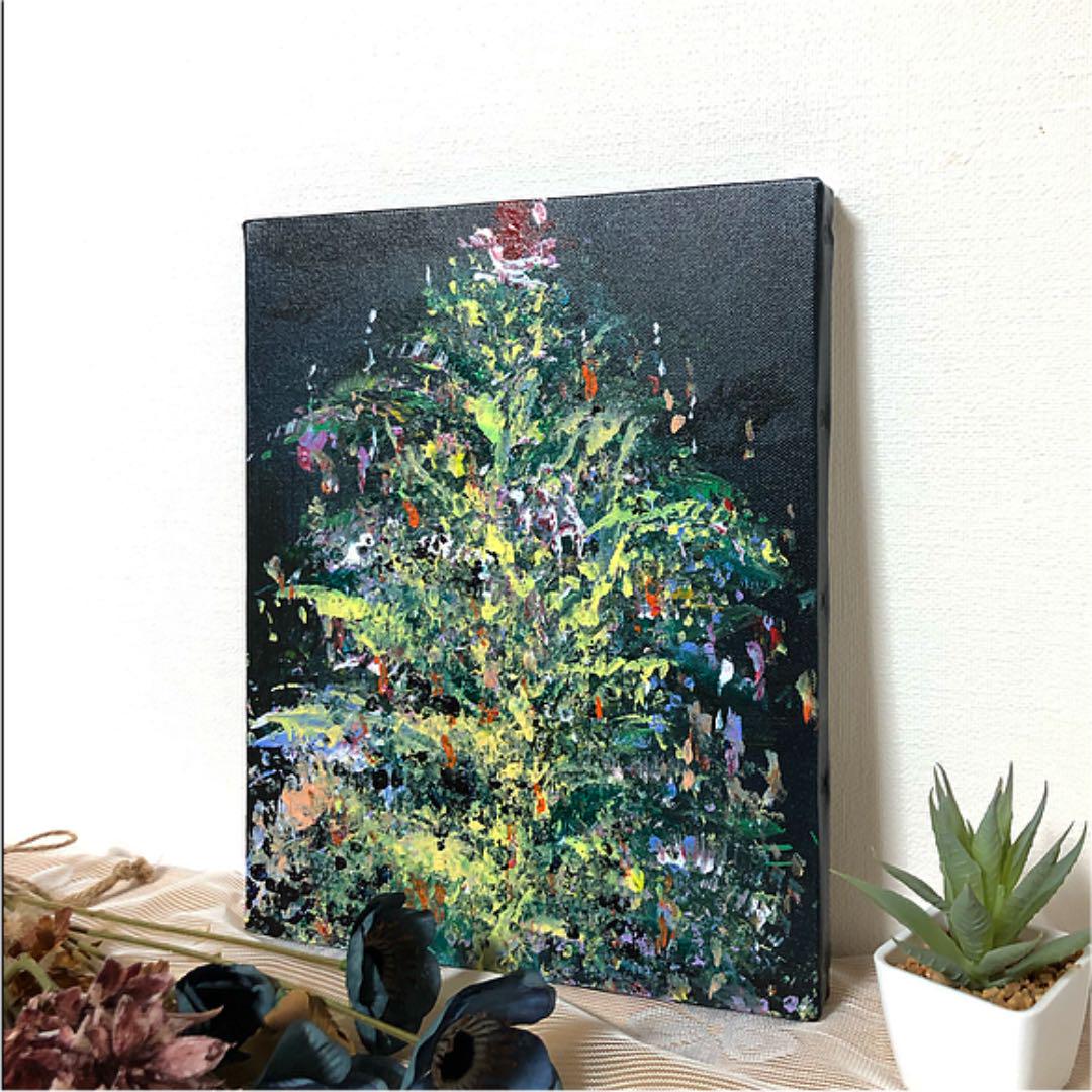インテリア　手描き絵画　原画　【クリスマスツリー】アクリル画　キャンバスF3